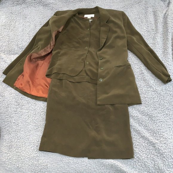 Vintage Jones New York 3 piece suit Green 100% Silk Skirt& Jacket 12 Skirt 6 - Picture 2 of 11